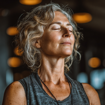 Літня жінка практикує йогу